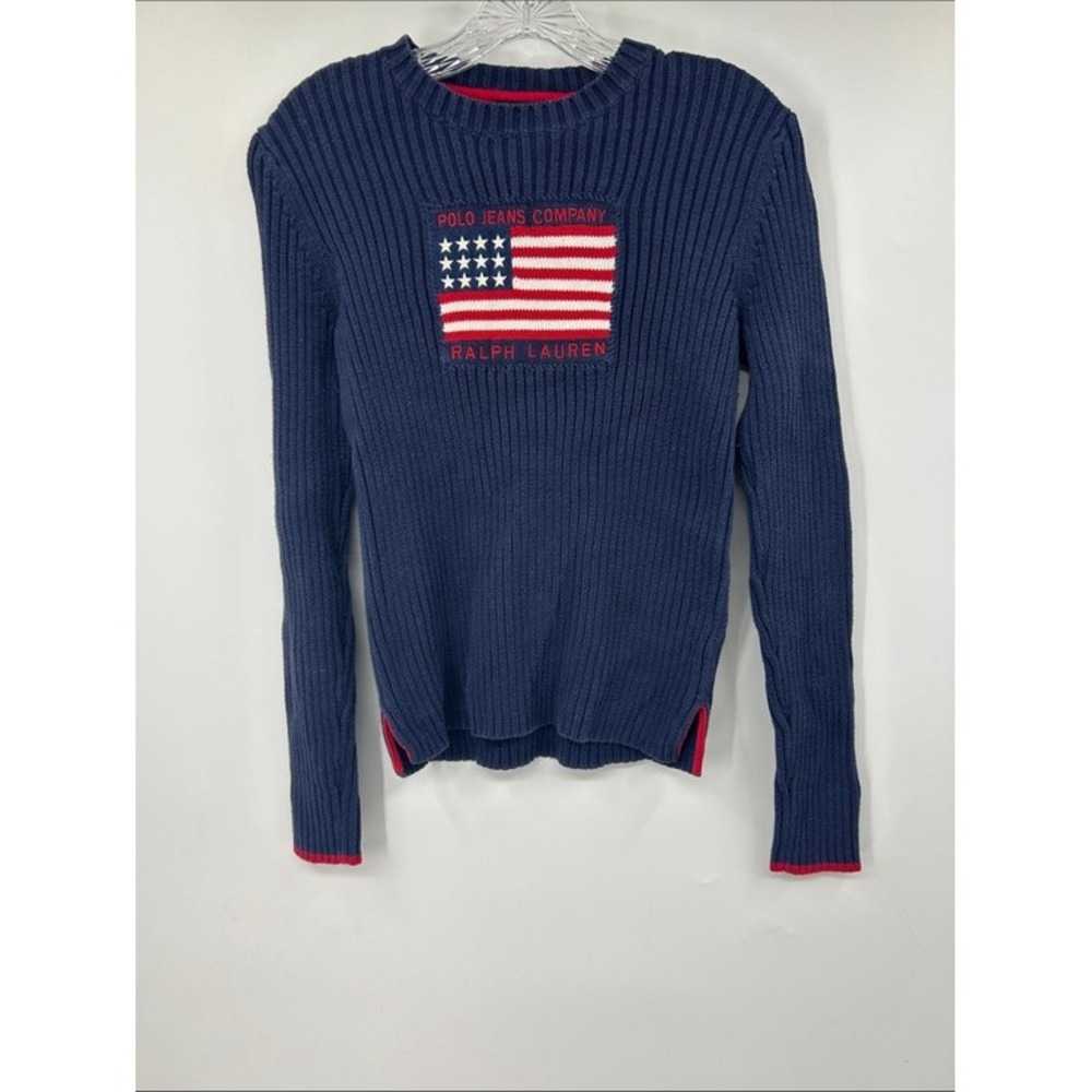 Vintage Polo Ralph Lauren Navy Blue Ribbed Sweater Flag Pullover Red Trim Size L